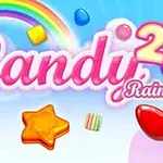 Renkli gökkuşağı, çeşitli şekerler ve Candy Rain 2 yazısı