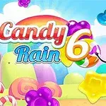 Renkli şekerlerin ve gökyüzünde bulutların yer aldığı, ortada Candy Rain 6 yazısı bulunan neşeli bir sahne
