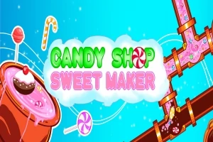 Renkli arka plan üzerinde Candy Shop Sweet Maker yazısı, şeker boruları, lolipop ve cupcake illustrasyonları