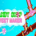 Renkli arka plan üzerinde Candy Shop Sweet Maker yazısı, şeker boruları, lolipop ve cupcake illustrasyonları