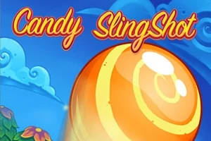 Mavi bulutlu bir fonda büyük turuncu bir şeker ve Candy Slingshot yazısı
