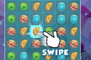 Renkli şeker ve çörek simgeleri bulunan bir ızgarada, bir el işareti ve Swipe yazısı