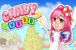Pembe saçlı, mutlu görünen bir karakter, elinde çırpıcı ve kase tutarken, renkli “CANDY WORD” yazısıyla süslenmiş ve arka planda şekerleme dağları bulunan bir sahne