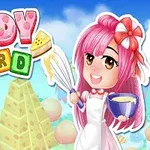 Pembe saçlı, mutlu görünen bir karakter, elinde çırpıcı ve kase tutarken, renkli “CANDY WORD” yazısıyla süslenmiş ve arka planda şekerleme dağları bulunan bir sahne
