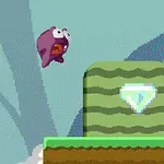 Mor yaratık zıplayarak yeşil bir platform üzerinde duran parlayan bir elmasa doğru gidiyor