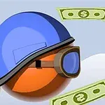 Mavi kask ve gözlük takan turuncu bir top, etrafında uçan dolar banknotları ve büyük sarı bir halka