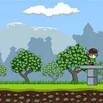 Çizgi film tarzında bir ormanda top taşıyan korumalı bir karakter ile platform üzerinde duran başka bir karakter