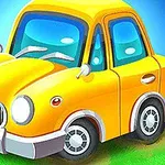 Sarı renkte, karikatür tarzında sevimli bir araba yeşil bir zeminde duruyor