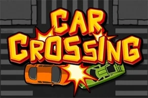 Üst üste gelmek üzere olan iki arabanın bulunduğu bir yol kesişiminde büyük ve dikkat çekici Car Crossing yazısı
