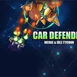 Fütüristik bir uzay gemisi ve renkli bir araba, Car Defender yazısı ile birlikte mavi bir arka planda yer alıyor