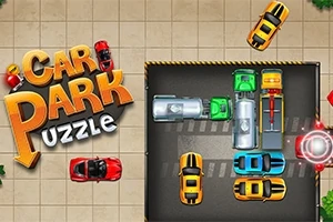 Renkli arabaların olduğu park yerine benzer bir ortamda yerleşmiş araçlar ve Car Park Puzzle yazısı