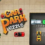 Renkli arabaların olduğu park yerine benzer bir ortamda yerleşmiş araçlar ve Car Park Puzzle yazısı