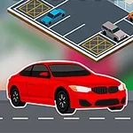 Kırmızı bir araba, park tabelası ve iki küçük otopark alanı görüntüsü