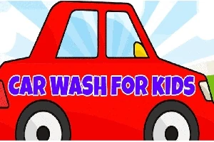 Kırmızı bir arabanın üzerinde CAR WASH FOR KIDS yazısı bulunan çizim
