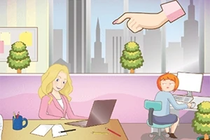 Ofis ortamında laptop başında çalışan sarışın bir kadın ve ona işaret eden el, arka planda masa başında oturan kırmızı saçlı bir kişi ile şehir manzarası