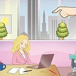Ofis ortamında laptop başında çalışan sarışın bir kadın ve ona işaret eden el, arka planda masa başında oturan kırmızı saçlı bir kişi ile şehir manzarası