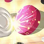 Beyaz ve pembe iki oyun taşı, parlayan bir ışık efektiyle çarpışıyor