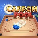 Masa oyunu tahtası üzerinde çeşitli renklerde taşlar bulunan ve üzerinde büyük harflerle CARROM POOL yazan bir grafik