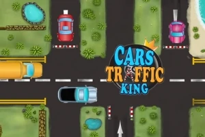 Yol ağzında farklı renklerde araçlar ve ortasında Cars Traffic King yazısı bulunan bir trafik sahnesi