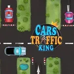 Yol ağzında farklı renklerde araçlar ve ortasında Cars Traffic King yazısı bulunan bir trafik sahnesi