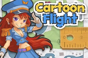 Mavi üniformalı bir kadın karakter, elini şapkasına götürmüş şekilde dururken yanında Cartoon Flight yazısı ve bir cetvel yer alıyor