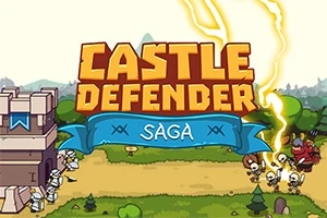 Çizgi film tarzında bir manzara; sol tarafta kale, ortada Castle Defender Saga yazısı, sağda iskeletlerle savaşan askerler ve şimşek