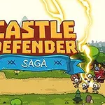 Çizgi film tarzında bir manzara; sol tarafta kale, ortada Castle Defender Saga yazısı, sağda iskeletlerle savaşan askerler ve şimşek