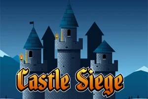 Gece vakti dağların önünde aydınlatılmış bir ortaçağ kalesi ve üzerinde Castle Siege yazısı
