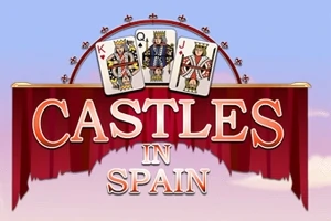 Üç iskambil kartı (papaz, kız, vale) ile kırmızı bir perde üzerinde CASTLES IN SPAIN yazısı