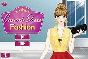 Sarı bluz ve kırmızı etek giyen, elinde siyah çanta tutan bir kadın karakter, yanında Casual Dress Fashion yazılı pembe bir panel