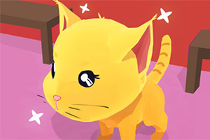 Sarı bir kedi pembe bir zeminde, kırmızı bir arka planda yıldızlarla çevrili duruyor
