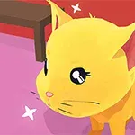 Sarı bir kedi pembe bir zeminde, kırmızı bir arka planda yıldızlarla çevrili duruyor