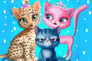 Bir leopar desenli yavru kedi, pembe taçlı pembe bir kedi ve mavi çizgili sinirli bir kedi mavi bir arka plan önünde