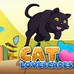 Siyah bir kedi, sarı ve yeşil tonlarında bir oda dekoru önünde, CAT LOVESCAPES yazısının üstünde zıplarken