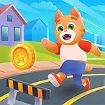 Sevimli bir çizgi kedi, parlak bir güneş altında, sokakta koşarken havaya sıçrıyor ve altın renginde yıldızlı paraları topluyor