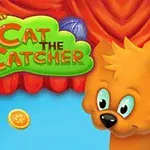 Turuncu bir kedi karakteri ve kırmızı perde önünde Cat The Catcher yazısı, arka planda ip yumakları ve altın paralar