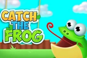 Renkli çizim tarzında, geniş gözlü ve uzun dilli bir kurbağa; üzerinde CATCH THE FROG yazan renkli bir yazıyla birlikte