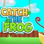 Renkli çizim tarzında, geniş gözlü ve uzun dilli bir kurbağa; üzerinde CATCH THE FROG yazan renkli bir yazıyla birlikte