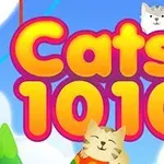 Bulutlarla dolu bir gökyüzü önünde Cats 1010 yazısı ve sevimli kedi çizimleri