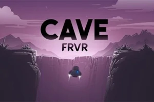 Mor tonlardaki dağ manzarasının üzerinde CAVE FRVR yazısı ve altındaki uçan araç