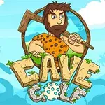Çizgi film tarzında bir mağara adamı, sopa taşıyarak büyük Cave Golf yazısının arkasında duruyor