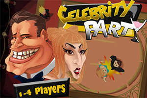 Karikatür tarzında bir adam ve bir kadının yüzlerinin ön planda olduğu, Celebrity Party başlığının üstte bulunduğu renkli bir tasarım