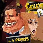 Karikatür tarzında bir adam ve bir kadının yüzlerinin ön planda olduğu, Celebrity Party başlığının üstte bulunduğu renkli bir tasarım