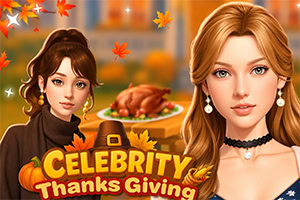 Sonbahar yaprakları, hindi tabağı ve Celebrity Thanksgiving yazısı önünde iki şık kadın portresi