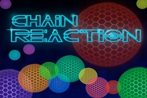 Neon renklerle yazılmış CHAIN REACTION metni ve çeşitli renklerde bal peteği desenli daireler