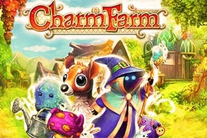 Charm Farm Renkli, büyülü bir orman ortamında büyücü kıyafeti giymiş bir karakter ve çeşitli sevimli yaratıklar