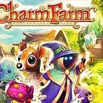 Charm Farm Renkli, büyülü bir orman ortamında büyücü kıyafeti giymiş bir karakter ve çeşitli sevimli yaratıklar