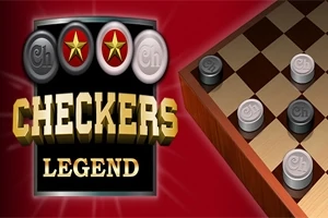 Kırmızı arka plan üzerinde, satranç tahtası ve damalarla birlikte büyük harflerle Checkers Legend yazısı