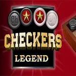 Kırmızı arka plan üzerinde, satranç tahtası ve damalarla birlikte büyük harflerle Checkers Legend yazısı