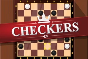 Kahverengi kareli bir dama tahtası üzerinde konumlanmış siyah ve beyaz taşlar, ortasında kırmızı bir şerit üzerinde büyük beyaz harflerle CHECKERS yazısı bulunuyor
